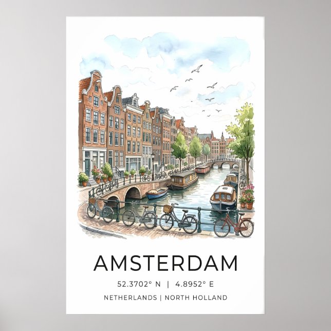 Impressão de Arte do Canal de Amsterdã Aquarela Ca (Frente)