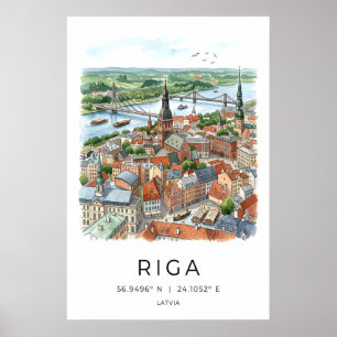 Impressão de Arte do Horizonte de Riga Aquarela Ci