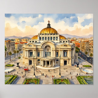 Impressão de Arte em Aquarela da Cidade do México