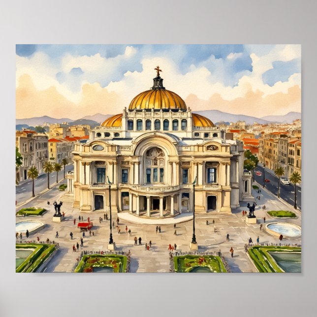 Impressão de Arte em Aquarela da Cidade do México (Frente)
