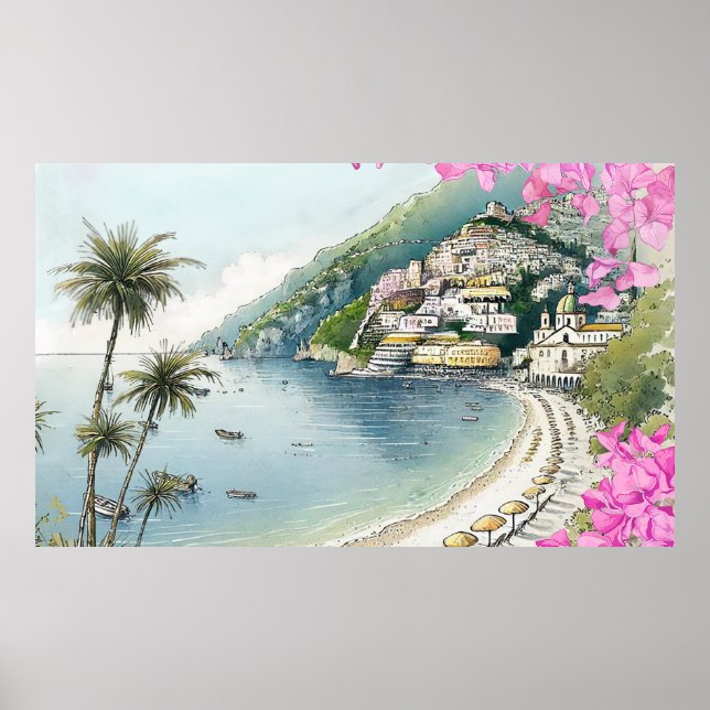 Impressão de Arte em Aquarela da Costa Amalfitana (Frente)