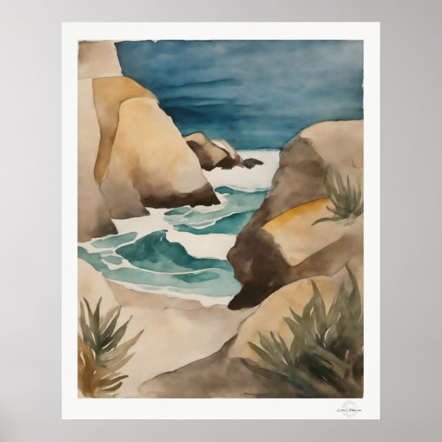 Impressão de Arte em Aquarela da Enseada Rochosa,  (Frente)