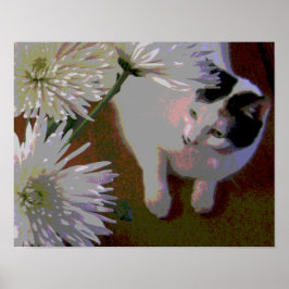 Impressão de arte fina de gato com crisântemos