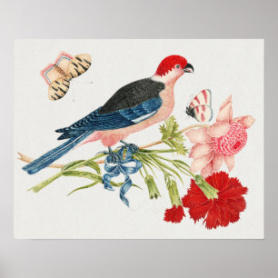 Impressão de Arte Floral Borboleta Pássaro Rosa Vi