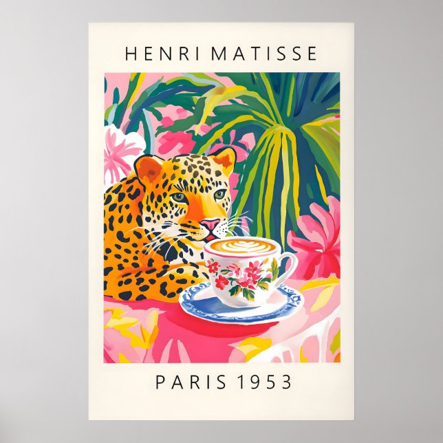Impressão de Arte Leopardo Bebendo Café Henri Mati (Frente)