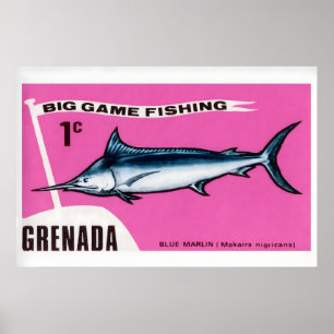 Impressão de Arte Marlin Azul Selo Postal Vintage