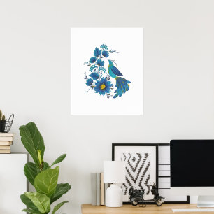 Impressão de Arte Moderna Azul Pássaro & Flores Pe