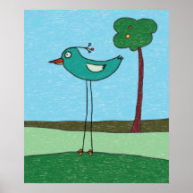 Impressão de Arte, Pássaro Fofo e Árvore