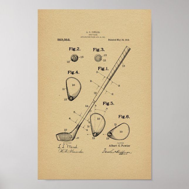 impressão de Arte Patente do Clube de Golfe Vintag (Frente)
