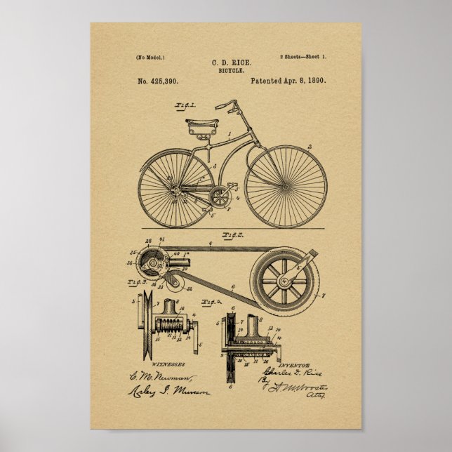 impressão de arte patenteada da bicicleta de 1890 (Frente)