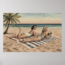 Impressão de Arte Pinup de Praia Vintage | Garotas