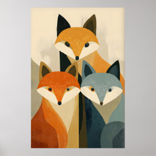 Impressão de Arte Trio de Raposas, Rostos Estiliza