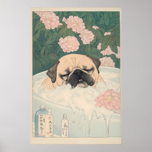 Impressão de Banheiro Pug Kawaii Japandi Ukiyo-e A