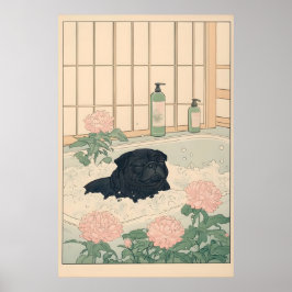 Impressão de Banheiro Pug Preto Kawaii Japandi Uki