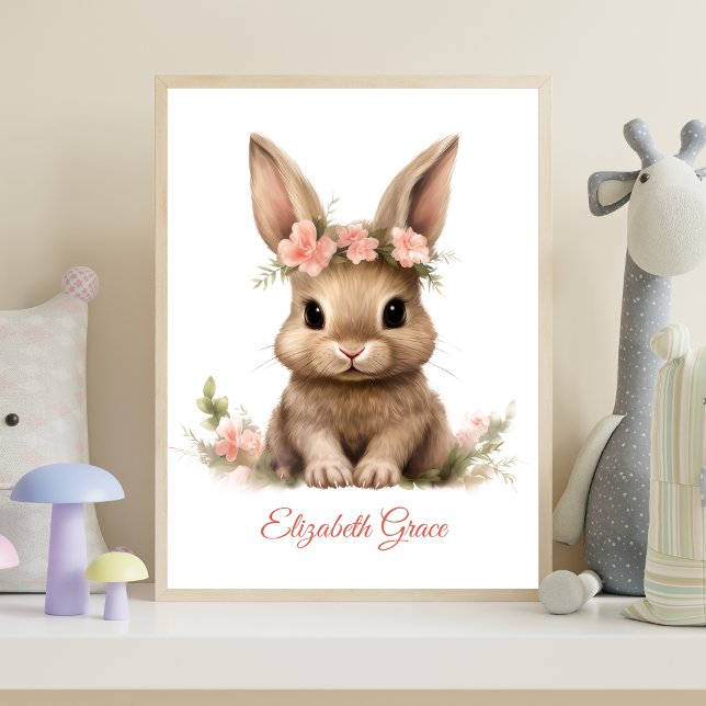 Impressão de Berçário de Coelhinho Bebê Personaliz (Baby Bunny Pink Flowers Personalized Nursery Wall Art poster print)