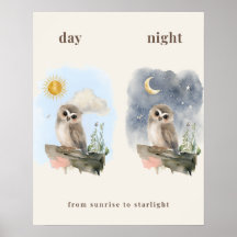 Impressão de Berçário de Coruja Dia e Noite