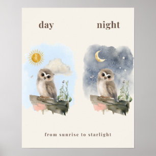 Impressão de Berçário de Coruja Dia e Noite