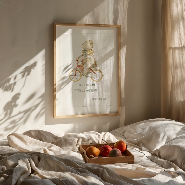 Impressão de Bíblia de parede de  de Urso Correto (Whimsical bear on a bicycle with Bible verse Proverbs 3:5: "Trust in the Lord with all your heart.")