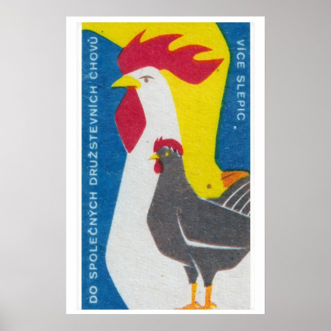 Impressão de Caixa de Fósforos com Galo e Galinha, (Frente)