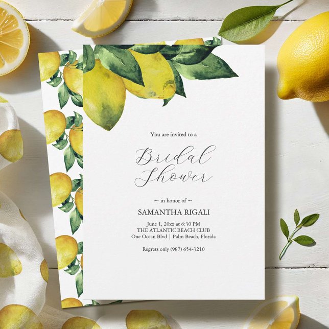 Impressão de Convites de chá de panela de tema Lem (Lemon themed bridal shower invitations designed by Victoria Grigaliunas watercolor artist.)
