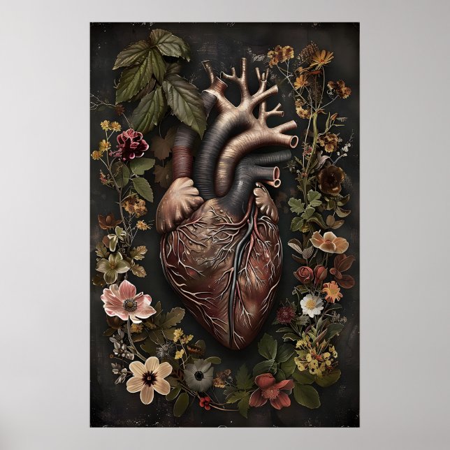 Impressão de Coração Anatômico e Flores, Dark Acad (Frente)