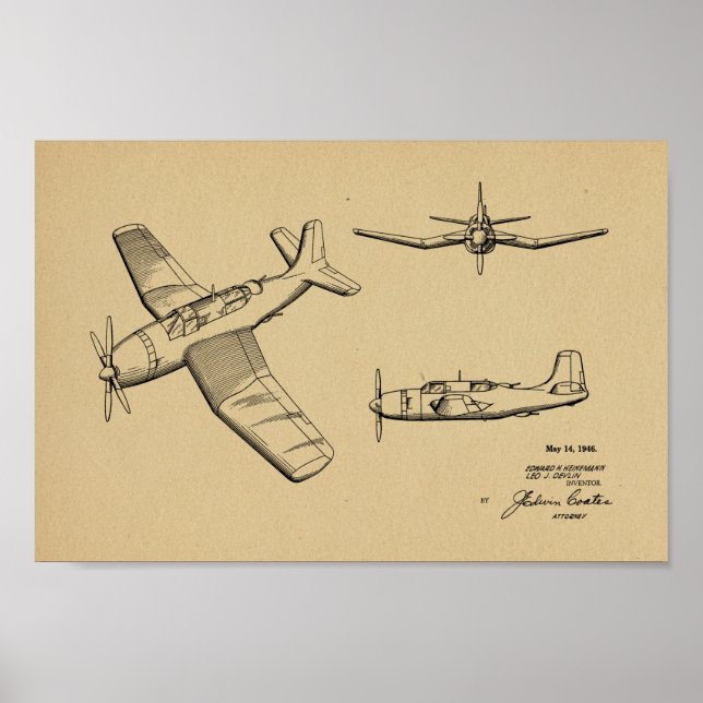 impressão de Desenho de Arte de Avião Militar 1946 (Frente)