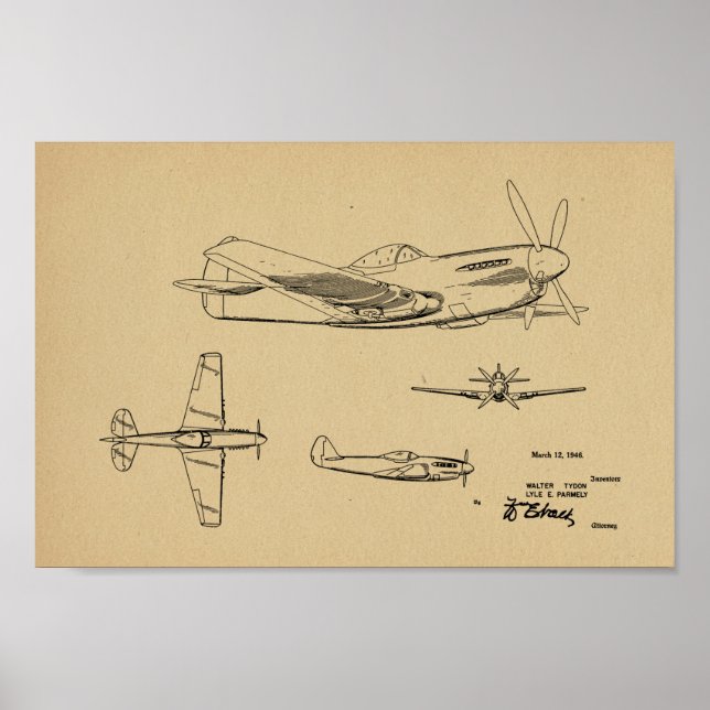 impressão de Desenho de Arte Patente do Avião WW2  (Frente)