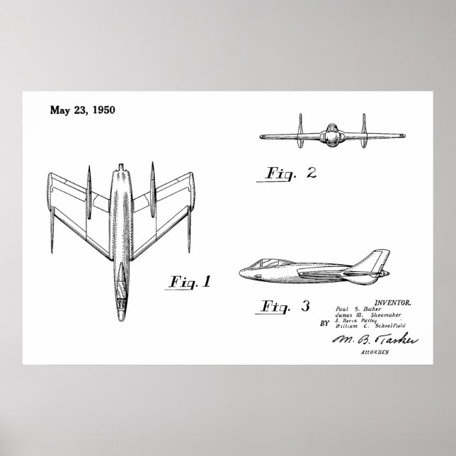 impressão de desenho de patente de avião de 1950 (Frente)