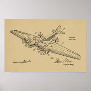 impressão de desenho de patente do avião de 1930 p
