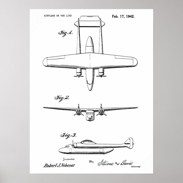 impressão de desenho de patente do avião de 1942 (Frente)
