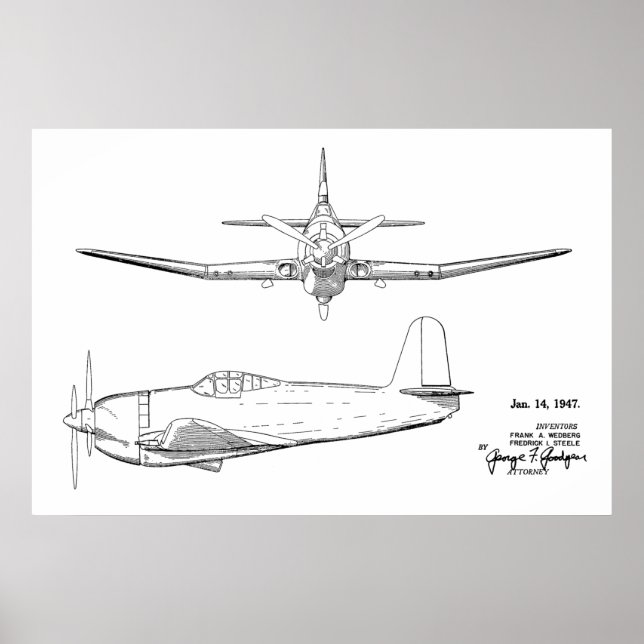 impressão de desenho de patente do avião de 1947 (Frente)