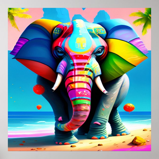 Impressão de Elefante Arco-Íris Funky e Reprodutiv (Frente)