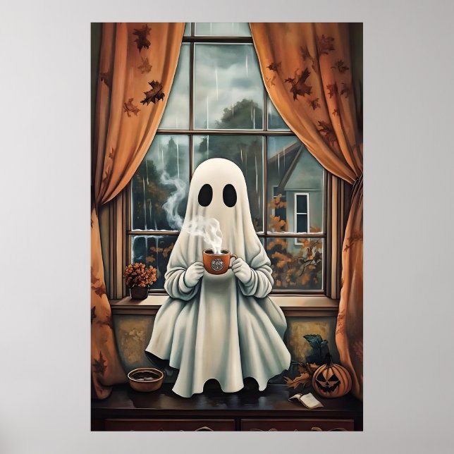 Impressão de fantasma bebendo café, fantasma chá c (Frente)