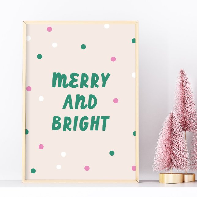 Impressão de Feriado Cor-de-Rosa Alegre e Bonito d (cute Merry & Bright Christmas wall art in green and pink)