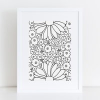 Impressão de Flores de 60 e 70 preto e branco