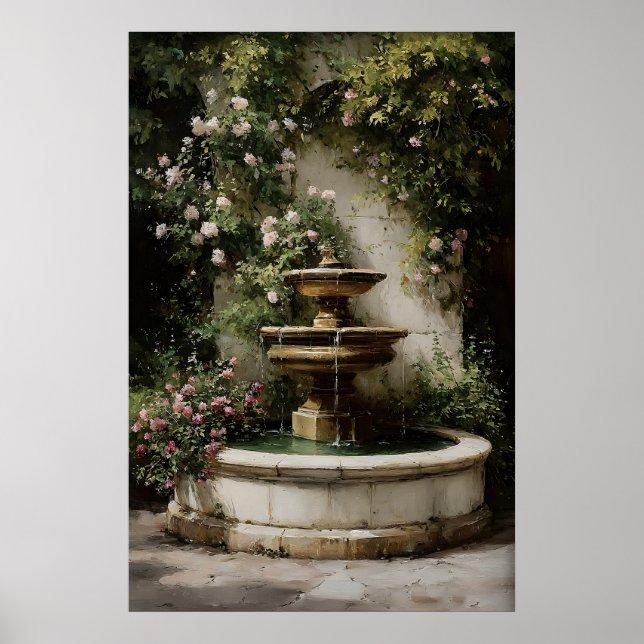 Impressão de Fonte de Jardim de Pedra Antiga, Óleo (Frente)