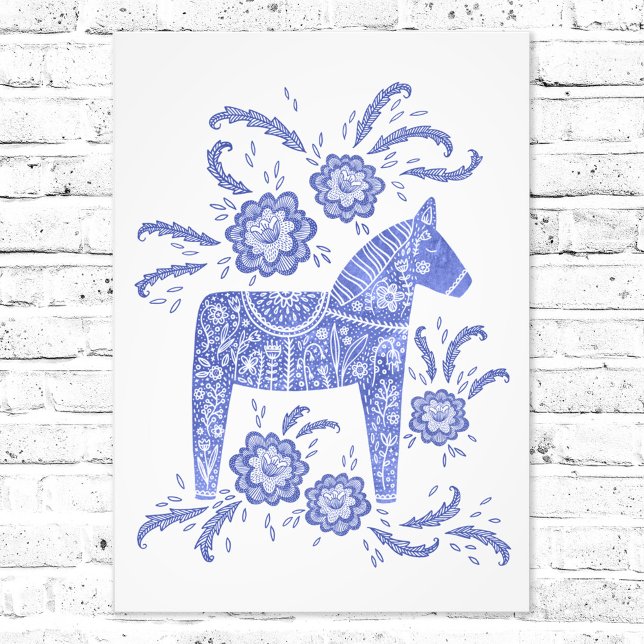 Impressão de Foto de Arte Folical de Dala Horse (Swedish Dala Horse folk art blue and white art print)