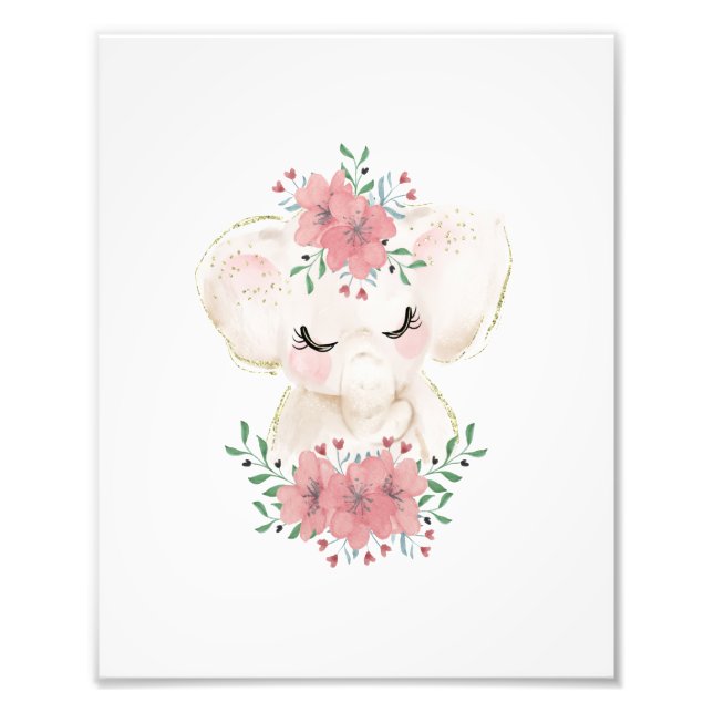 Impressão de Foto de Elefante com Florais em Aquar (Frente)