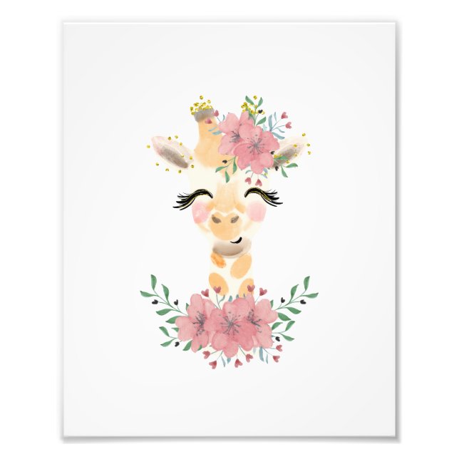 Impressão de foto de girafa em aquarela com florai (Frente)