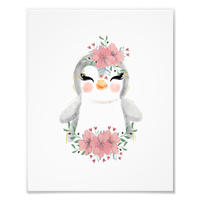 Impressão de foto de pinguim com flores em aquarel (Frente)