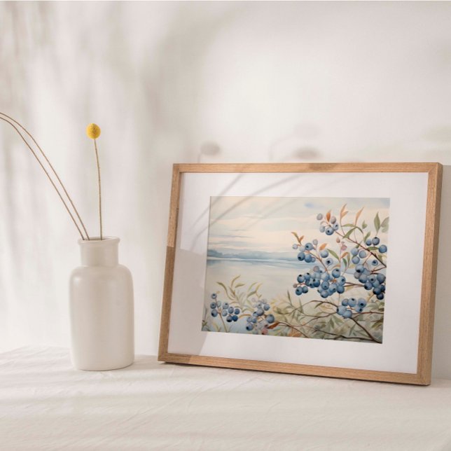 Impressão de Fruta de  de Aroma de Seascape (Watercolor print depicting a fruitful blueberry bush against a serene coastal backdrop.)
