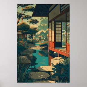 Impressão de Jardim Zen Japonês no Estilo Ukiyo-e 