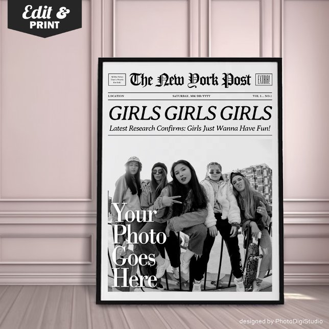 Impressão de Jornais Personalizados Querem Diverti (Custom Trendy Newspaper Print Wall Art, New York News | Girls Girls Girls Just Wanna Have Fun )