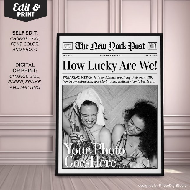 Impressão de jornal personalizado 'Como somos sort (Personalized Newspaper Print 'How Lucky Are We')
