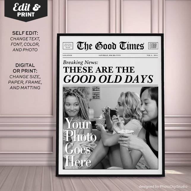 Impressão de jornal personalizado "Os bons e velho (Personalized Newspaper Print 'These are the good old days')