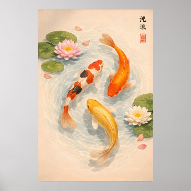 Impressão de Lagoa de Peixes Koi Japoneses, Lírio  (Frente)