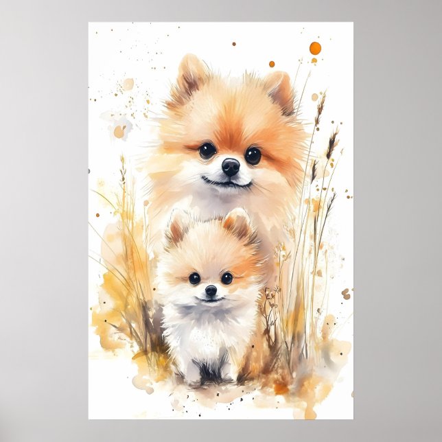 Impressão de Mãe e Bebê Pomerânia em Aquarela, Ber (Frente)