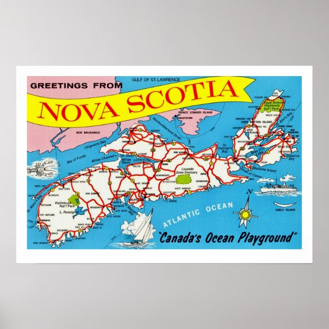 Impressão de Mapa Colorido Retro da Nova Scotia (Frente)