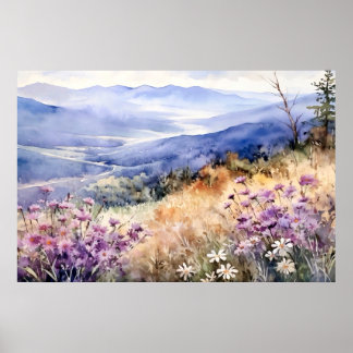 Impressão de Montanha da Natureza em Aquarela