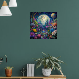 Impressão de Muro de Lua Psicodélico Colorida